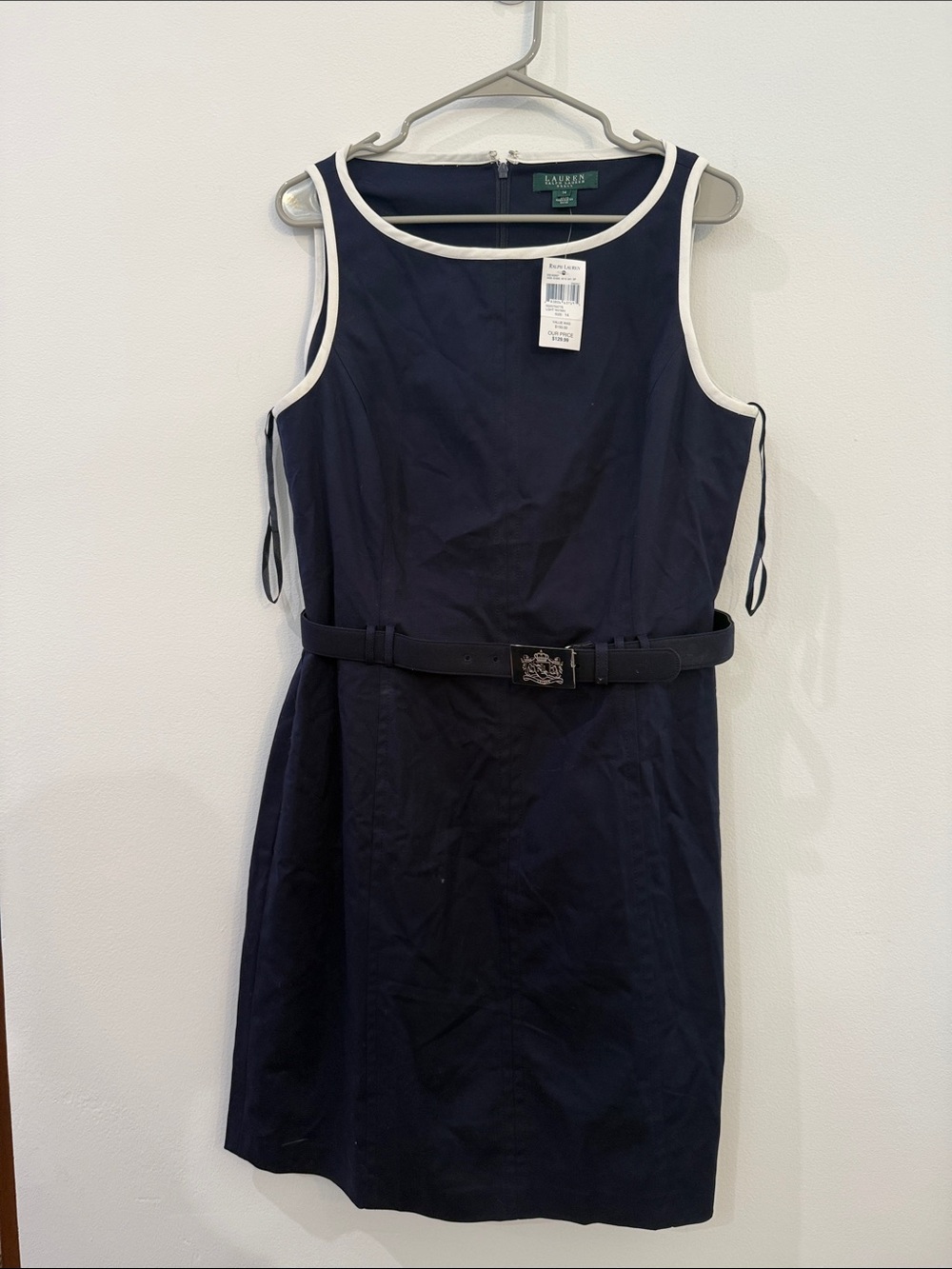 Lauren Ralph Lauren Navy Sheath Dress with White Trim and Belt